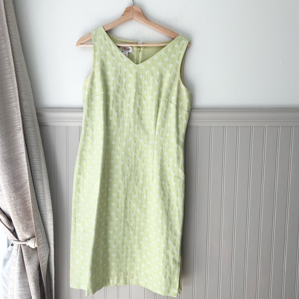 Vintage 90s Talbots Light Green Embroidered Floral Midi Dress size 8